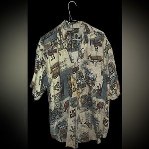 XL tan graphic button down shirt.